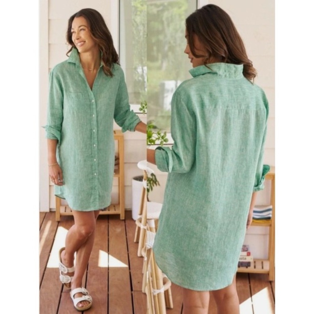 Frank & Eileen Mary‎ Green Linen Long Shirt Dress Italian Woven Button Down L
